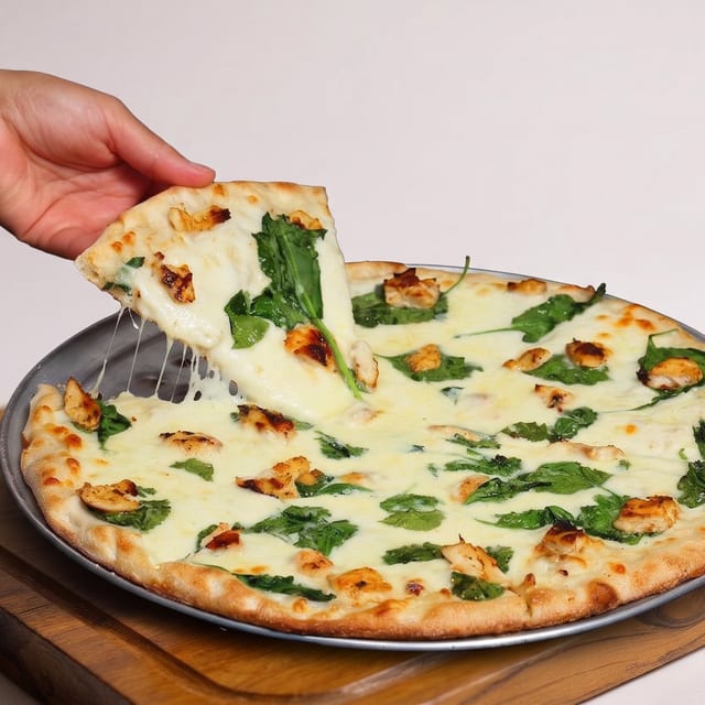 Alfredo Chicken & Spinach Pizza.